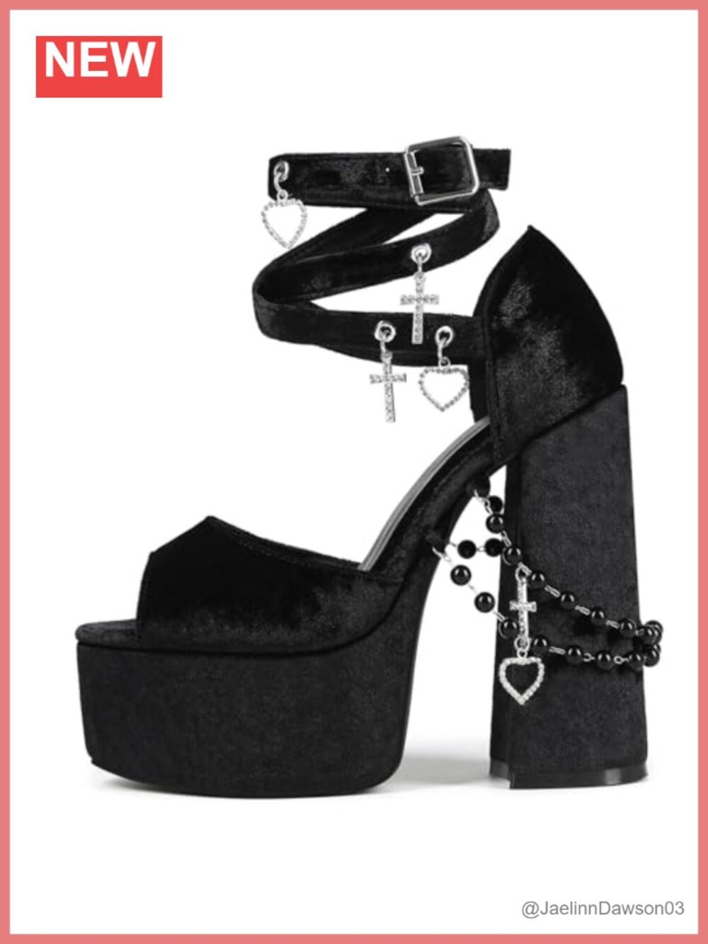 Velvet Platform Heels with Pearl Chains Chunky Ankle Strap Open Toe - Gothic